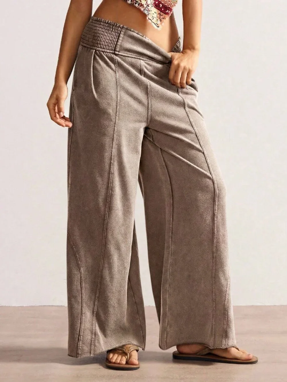 Rust Brown Casual Women's Knit Loose Wide-Leg Washed Pants